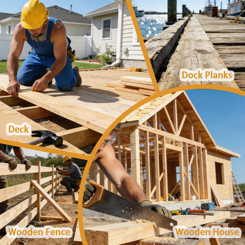 Collage of wooden deck, dock planks, fence, and unfinished house construction.