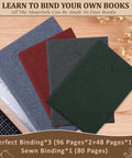 All In One 145Pcs Book Binding Kit For Beginners with fabric-covered books and binding tools on a wooden surface.