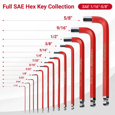 Jumbo 13-Piece SAE Hex Key Set With Extra Long Ball End Wrenches Heavy Duty CR-V Steel L Keys From 1 16th To 5 8th Inch