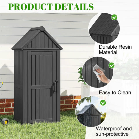 Vertical Outdoor Storage Shed With Waterproof Resin Cabinet Removable Shelves And Twelve Hooks Lockable Garden Tool Shed