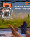 270-degree adjustable Portable 20000mAh Rechargeable Camping Fan With LED Light Remote USB C and USB A in a tent