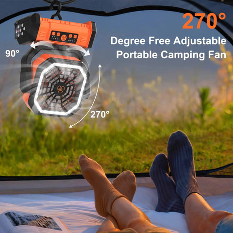 270-degree adjustable Portable 20000mAh Rechargeable Camping Fan With LED Light Remote USB C and USB A in a tent