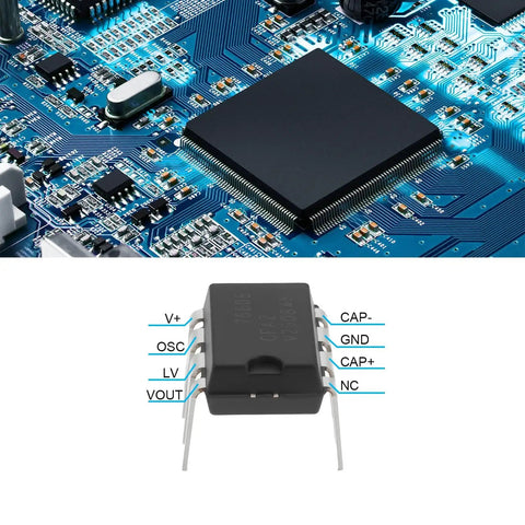 10Pcs ICL7660 ICL7660S ICL7660SCPAZ CMOS Voltage Converter IC PDIP8 on circuit board, vital for voltage conversion projects
