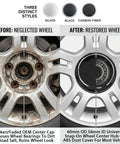 Before and after image of four pack wheel center caps silver finish snap in rim hub covers heavy duty abs composite