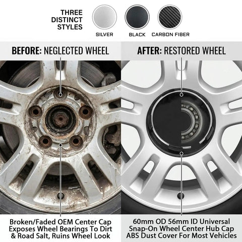 Before and after image of four pack wheel center caps silver finish snap in rim hub covers heavy duty abs composite