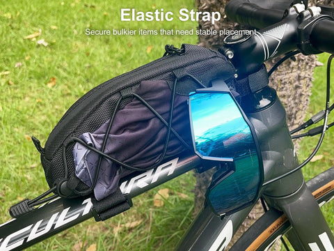 Front Frame Top Tube Bag 1L With Dual Side Storage For Road And Mountain Bikes No Leg Rub Quick Access Phone Pocket on bike.