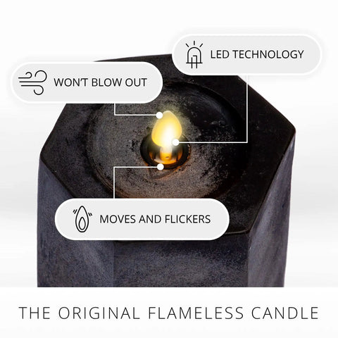 Close-up of Hexagon Flameless Moving Flame Pillar Candles Set Of 2 In Chalky Black Finish Unscented Real Wax showcasing moving flame