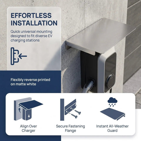 Game Changing Stainless Steel EV Charger Rainproof Cover For Outdoor Charging Stations mounted on a wall with installation guide.