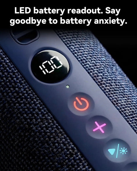 Close-up of Roar 3 Bass-Boosted Portable Bluetooth Speaker With 20W Thumpin Bass, showing LED battery indicator and control buttons.