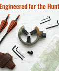 Brush Whisker Biscuit Arrow Rest with nylon bristle design, camouflage, arrows, tools, and map for compound and recurve bows.