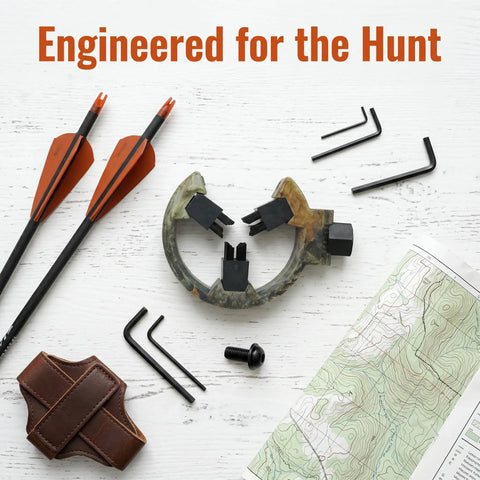 Brush Whisker Biscuit Arrow Rest with nylon bristle design, camouflage, arrows, tools, and map for compound and recurve bows.