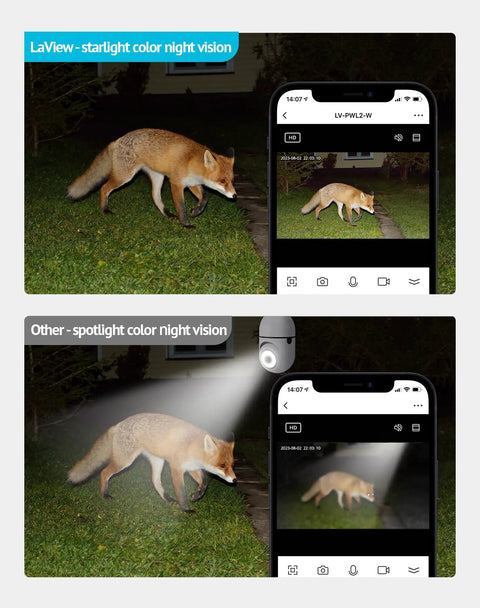 Comparison of starlight and spotlight night vision with fox captured by 4MP Bulb Security Camera Wireless 360 Degree Panoramic 2K HD