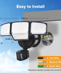 Hella Bright 80 Watt 9000 Lumens 4 Head Outdoor Security Flood Light With Hardwired Motion Sensor, dimensions shown.