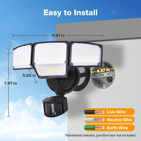 Hella Bright 80 Watt 9000 Lumens 4 Head Outdoor Security Flood Light With Hardwired Motion Sensor, dimensions shown.
