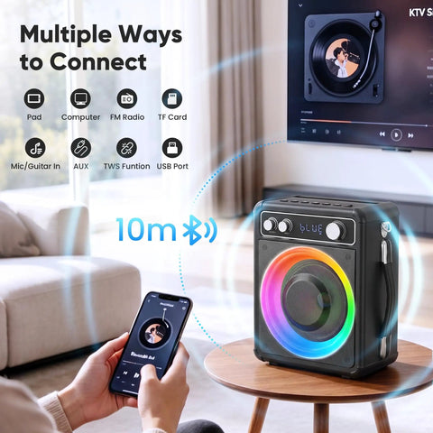 All In One Karaoke System With Two Wireless Microphones Portable Bluetooth Speaker For Home Parties And Outdoor Travel