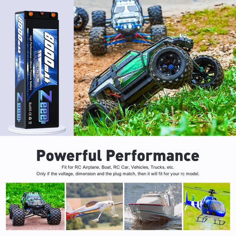 2S 8000mAh LiPo Battery 7.4V 100C Hard Case with 4mm Bullet T Plug for 1/8 and 1/10 RC Car Slash Buggy