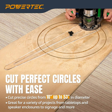 Circle Cutter Router Jig For Perfect Circles 10 To 53 Inches With Dual Pivot Pin System Circle Guide Kit in use on wood surface