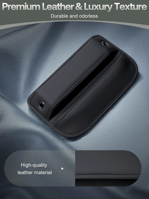 Close-up of Premium Leather Car Seat Gap Filler Organizer with luxury texture and high-quality leather material.