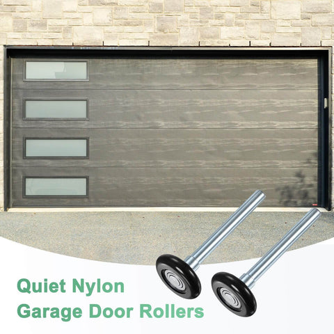 Two Pack Nylon Garage Door Rollers 1.8 Inch Squeak Free Quiet Wheels With 108mm Stem shown with modern garage door