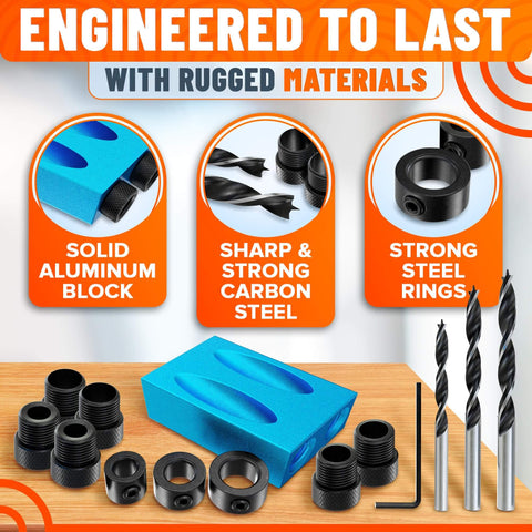 Pocket Hole Jig Kit For Woodworking, 14-Piece Aluminum Pocket Screw Jig Set With 0.2 Millimeter Precision, showing components