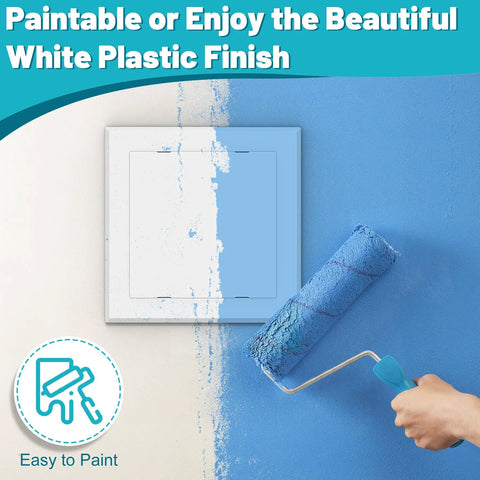 Breezy Peel And Stick Self Adhesive Access Panel 12X12 Plastic Wall Hole Cover painted blue, roll of paint nearby.