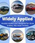 Heavy Duty Brake Spring Pliers For Drum Brakes Made From Heat Treated Carbon Steel Cuts Through Stubborn Hardware Easily, displayed with various vehicles.