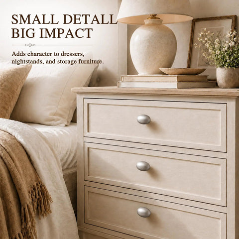 Premium 2 Pack Oval Cabinet Knobs And Drawer Pull Handles Featuring Slick Brushed Nickel Finish on dresser drawers.