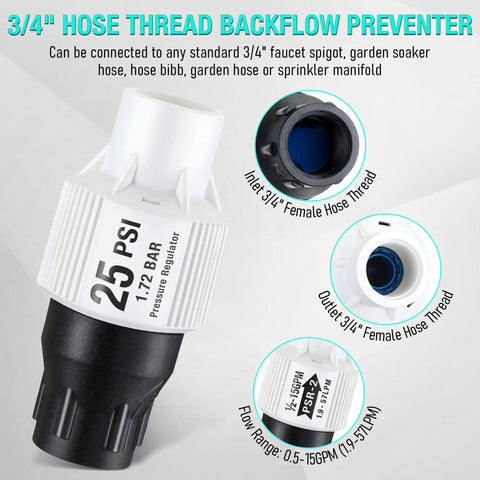 Drip Irrigation Backflow Preventer Kit With 25 PSI Pressure Regulator And Inline Y Filter Three Quarter Inch Garden Hose Thread FHT Connections