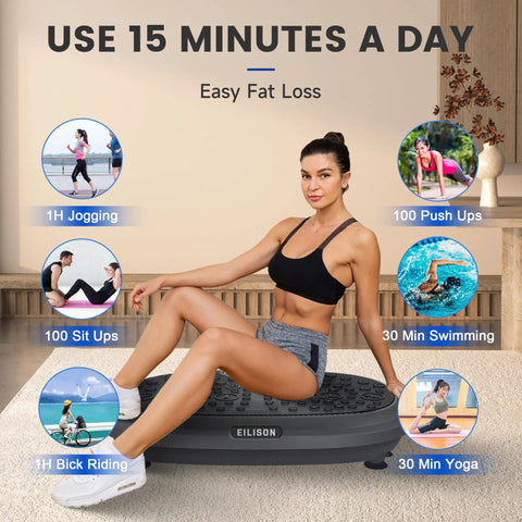 Woman exercising on FitMaxx 3D XL Vibration Plate Exercise Machine with loop bands and acupressure surface for full body workout.