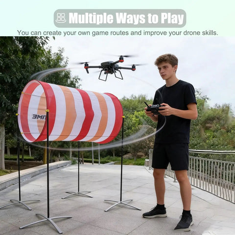 Teen using DIY Drone Obstacle Course Kit For FPV Racing, Beginner Friendly Practice Set with cloth tunnel outdoors