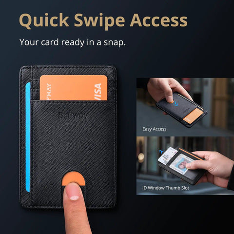 Dead Simple Minimalist Front Pocket Leather Wallet With Secure RFID Blocking For Men And Women Hella Slim Everyday Carry Low Build Cash And Card Organizer Cross Black Finish showing easy card access and ID window.