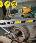 Deep Lug Nut Removal Tool Set Beast With Half Inch Drive in use with impact driver and ratchet wrench on metal machinery