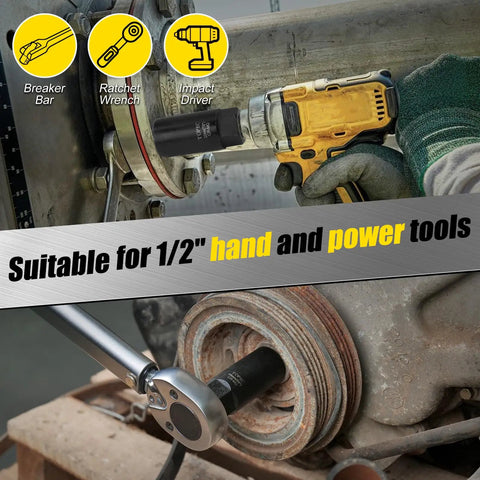 Deep Lug Nut Removal Tool Set Beast With Half Inch Drive in use with impact driver and ratchet wrench on metal machinery