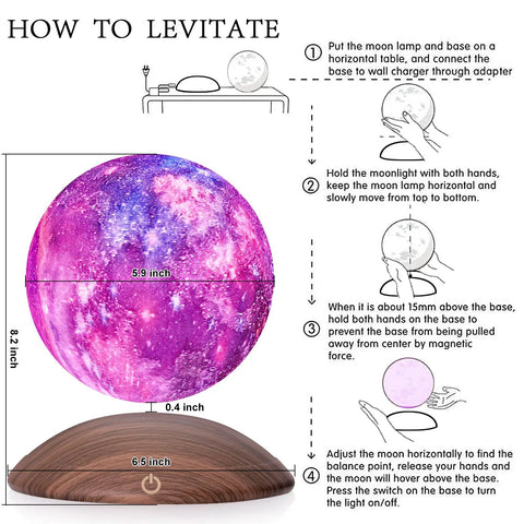 Diagram showing how to set up Levitating Galaxy Moon Lamp with 5.9 inch diameter on a magnetic base, depicting step-by-step levitation process.