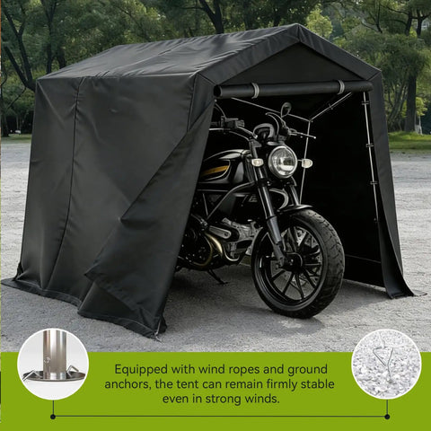 All Weather Outdoor Storage Shed Tent With Waterproof Cover Windproof Portable Carport Garage Shelter Roll Up Zipper Door And Vents UV Resistant Canopy For Motorcycle Bike Lawn Mower Tools 5 By 7 Point 2 By 5 Point 4 Feet covering a motorcycle in a driveway with secure frame support