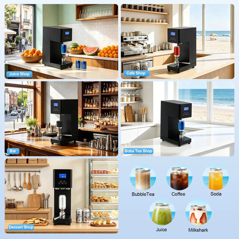 Pro Grade 370W Automatic Sealing Machine For Milk Tea Bottles And Tea Drinks in various shop settings, LED display visible