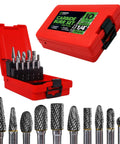 Carbide burr set, 1/4 in shank, 10 pcs double-cut, tungsten carbide rotary bits in red plastic case