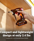 20 Volt Cordless Brushless Drill And Driver Kit Delivering Kickass 445 Inch Pounds Torque With Dual Quick Swap Heads Digital Battery Meter Built Damn Tough For Home Projects And Pro Tradesmen Who Want Straight From Box Reliability, shown in use with hand holding the drill against wood.