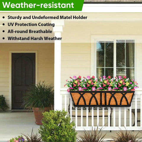 Weatherproof Three Pack 24 Inch Balcony Planter Boxes For Railing And Window Boxes installed on a porch railing with flowers.