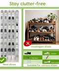 Comparison of Over The Door Shoe Organizer with 40 Large Breathable Mesh Pockets and wooden shelf, highlighting neat vs. misshapen shoes.