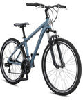 Hybrid Adventure Bike For Adults, 21 Speed 700c Aluminum Frame With Suspension Fork, smooth commuter ride displayed on light trails