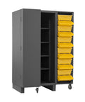 Heavy Duty Steel Storage Cabinet With Tilting Bins Deep Drawers And Wide Shelves lockable organizer open with yellow bins.