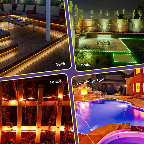 66Ft Ultra Thin LED Rope Lights Outdoor Waterproof Fairy Lights With 24 RGB Colors And Warm White 2700K 200 LED on deck, patio, fence, pool
