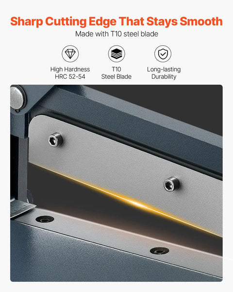 Close-up of the sharp T10 steel blade on the Heavy Duty Manual Plate Shear 12 Inch Guillotine Sheet Metal Cutter.