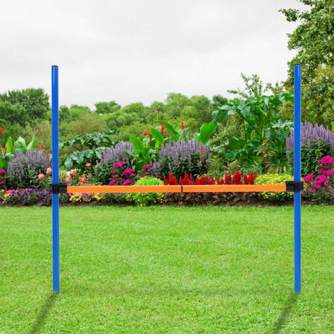 Dog Agility Travel Jump Set For Training And Fun Portable Detachable Hurdles in a garden setting with blue and orange bars.