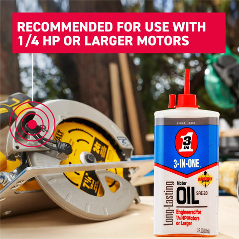 Small Electric Motor Oil 3 Oz Lubricant For Tiny Motors SAE 20 Equivalent next to 1/4 HP saw for extended wear protection.