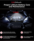 Instructions on lithium battery care shown with car, emphasizing charging routine and temperature, with focus on proper maintenance tips.