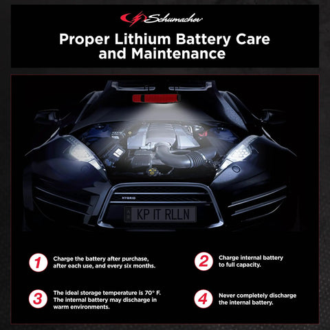 Instructions on lithium battery care shown with car, emphasizing charging routine and temperature, with focus on proper maintenance tips.