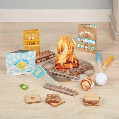 Campfire S'mores Pretend Play Set with 23-piece toy food kit, including toasted marshmallows, logs, fire pit mat, and kitchen accessories