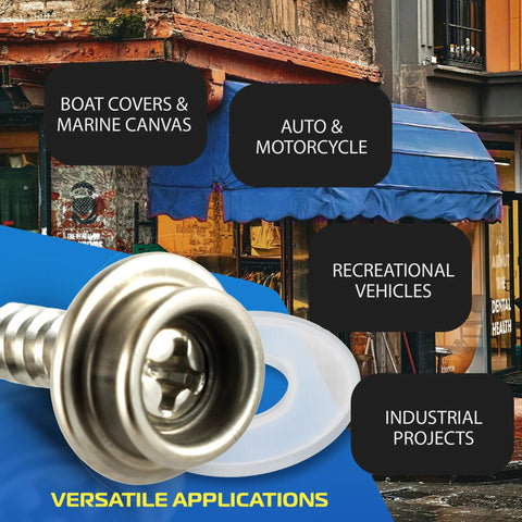 Marine Grade Stainless Steel Screw Snap Kit for Boat Covers and Canvas close-up with 5/8 inch snap buttons and PVC washer
